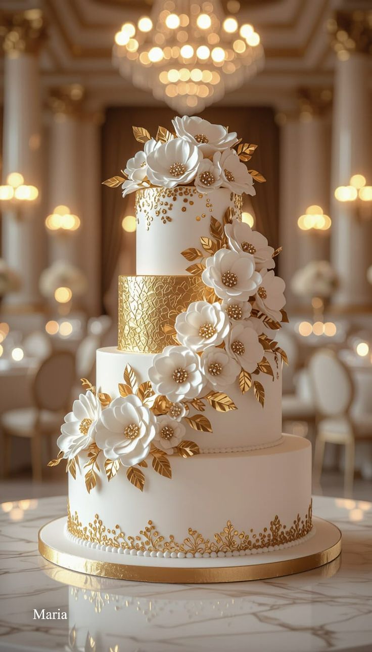Gold & White Elegant Wedding Cake